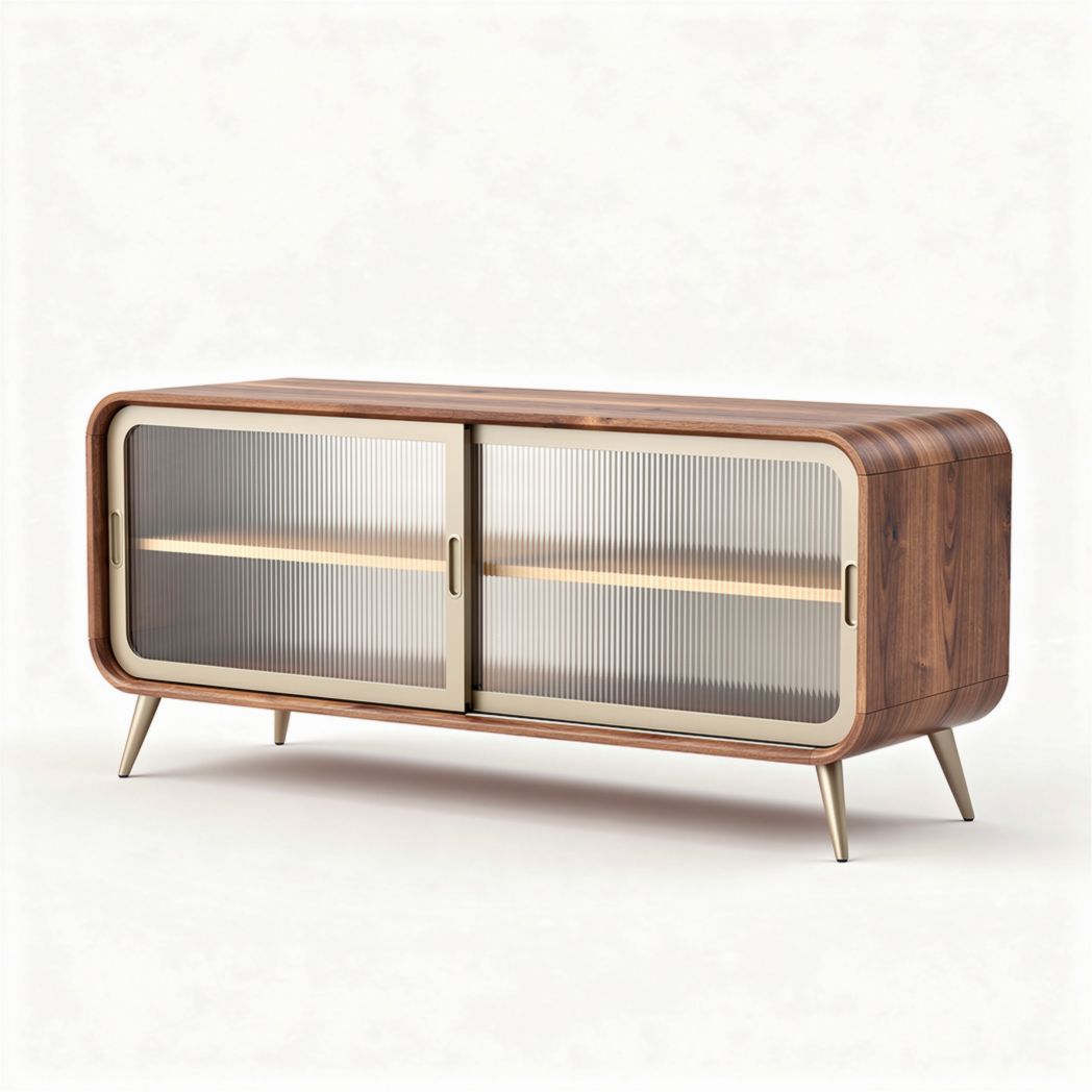 Wooden media console with sliding glass doors and metal accents 160 x 60 x 80cm