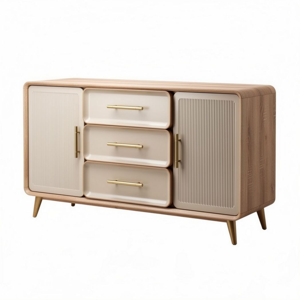 Modern wooden sideboard with three drawers and two doors in beige and oak finish measuring 150 x 40 x 80cm