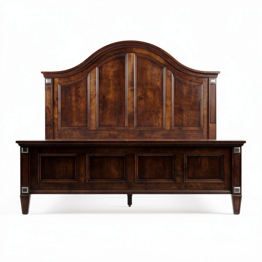 Wooden king size bed frame with arched headboard and dark finish 200 x 180 x 50cm