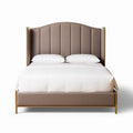 Upholstered bed frame with curved headboard in light beige 200 x 160 x 110cm