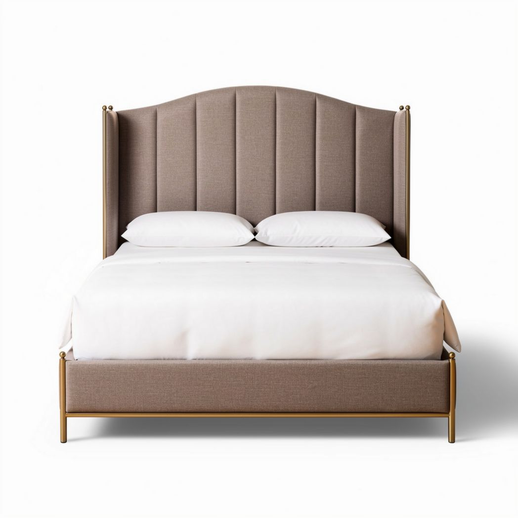 Upholstered bed frame with curved headboard in light beige 200 x 160 x 110cm