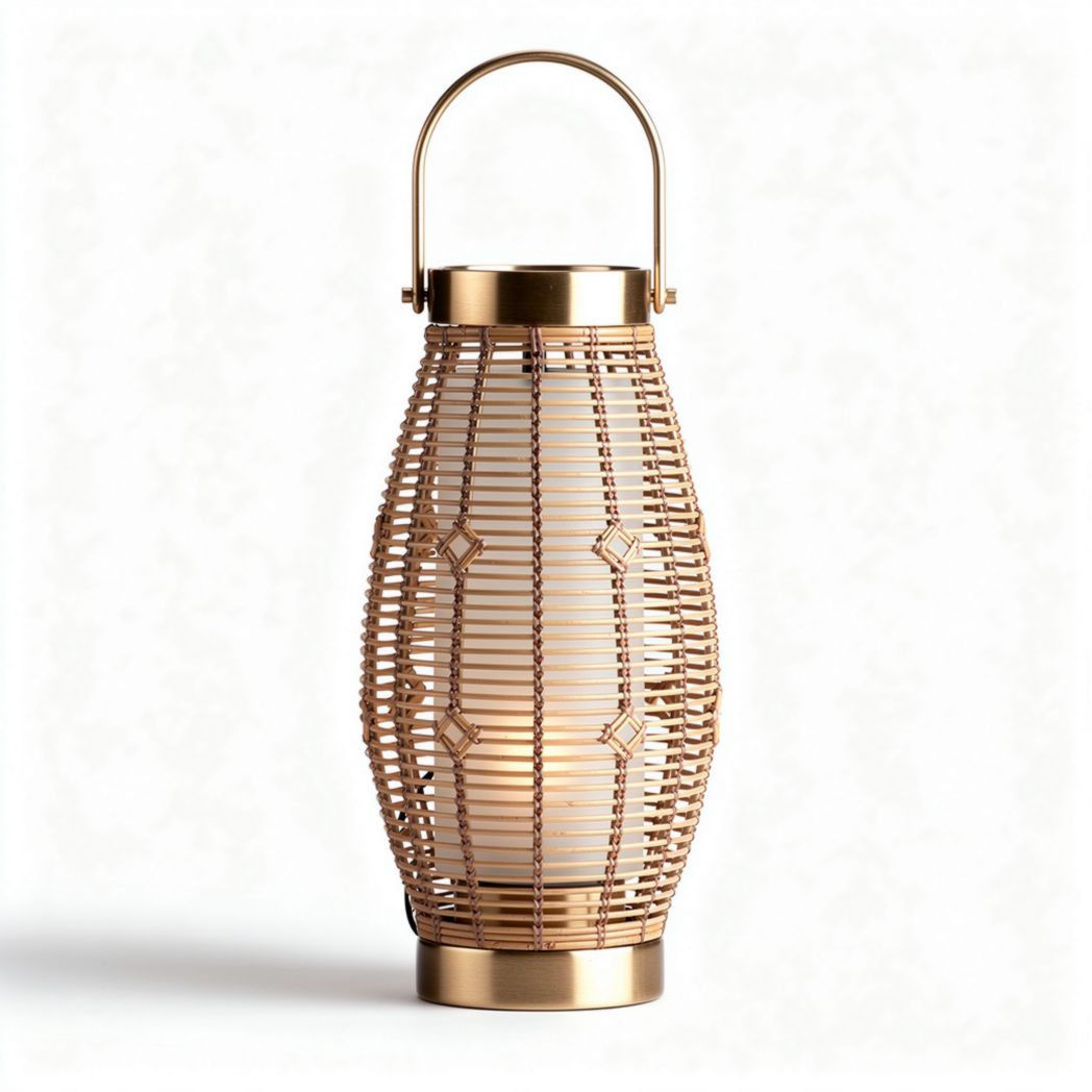 Woven rattan lantern with metal accents for indoor outdoor use 20 x 20 x 40cm