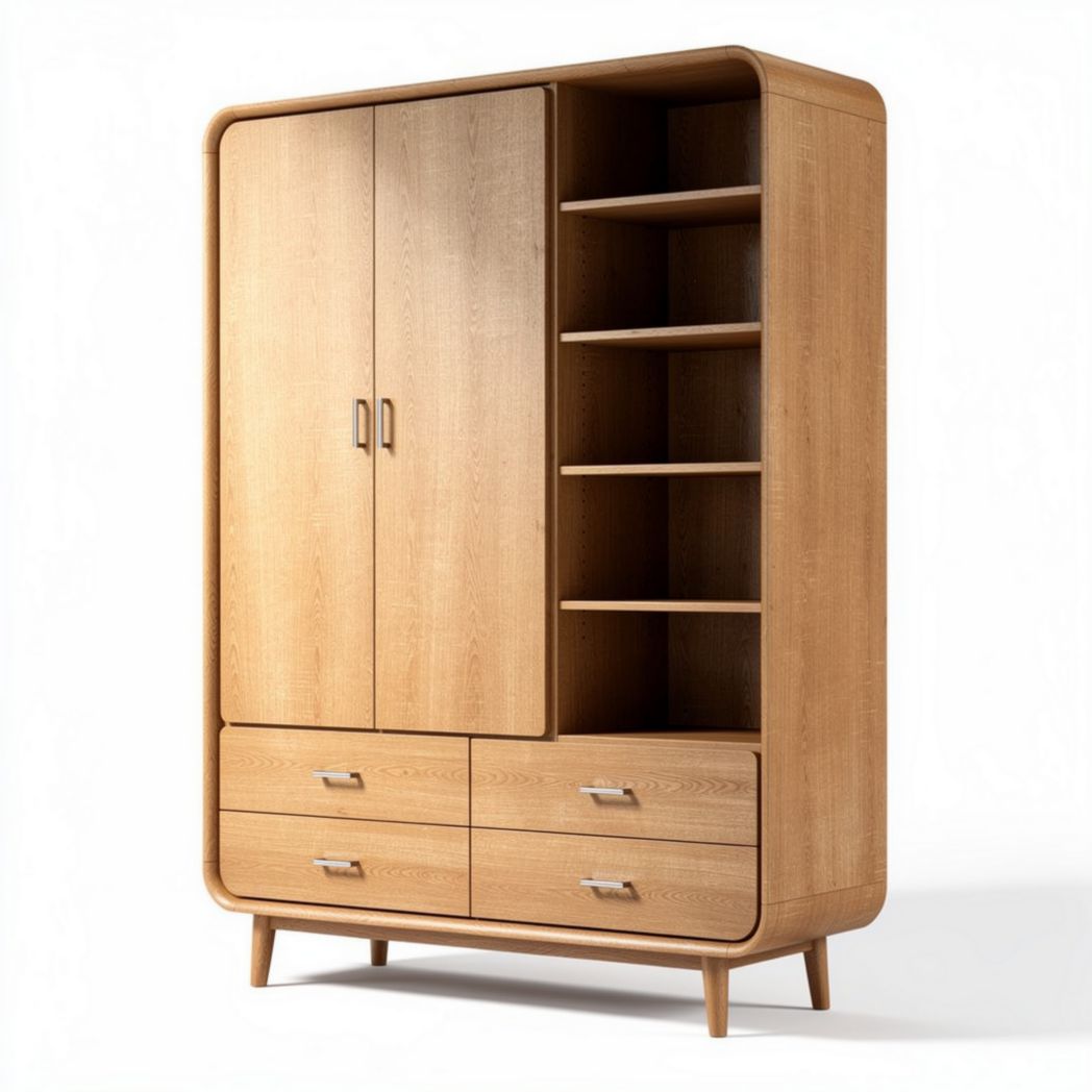 Wooden wardrobe with two doors and open shelves for storage 180 x 100 x 50cm